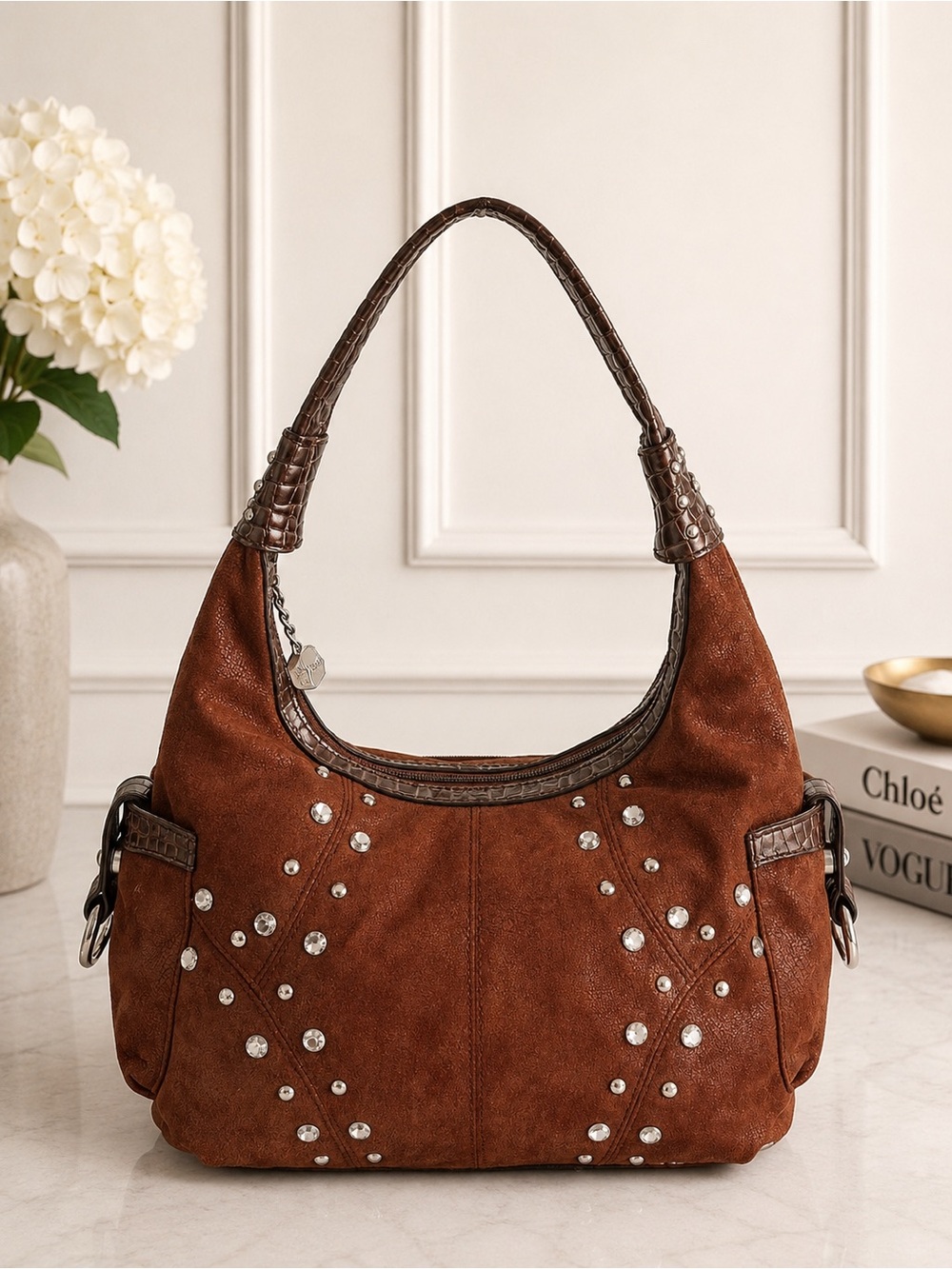Vintage Y2K Kathy Van Zeeland Brown Studded Hobo Shoulder Bag Croc Trim